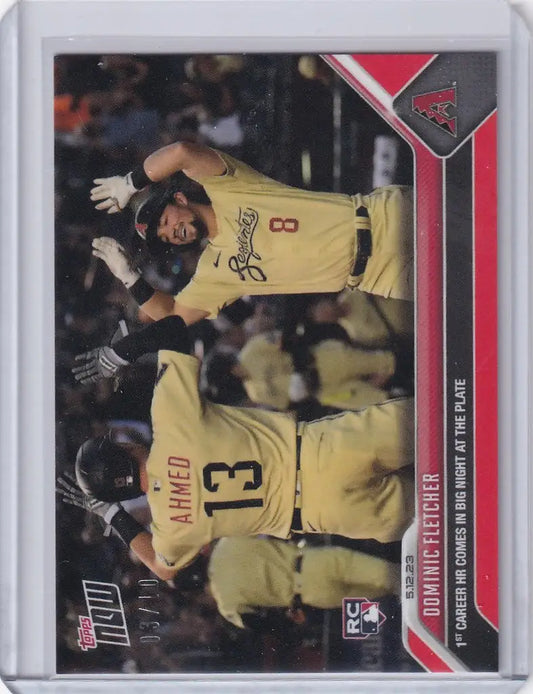 Baseball trading card of Dominic Fletcher Arizona celebrating in a yellow uniform