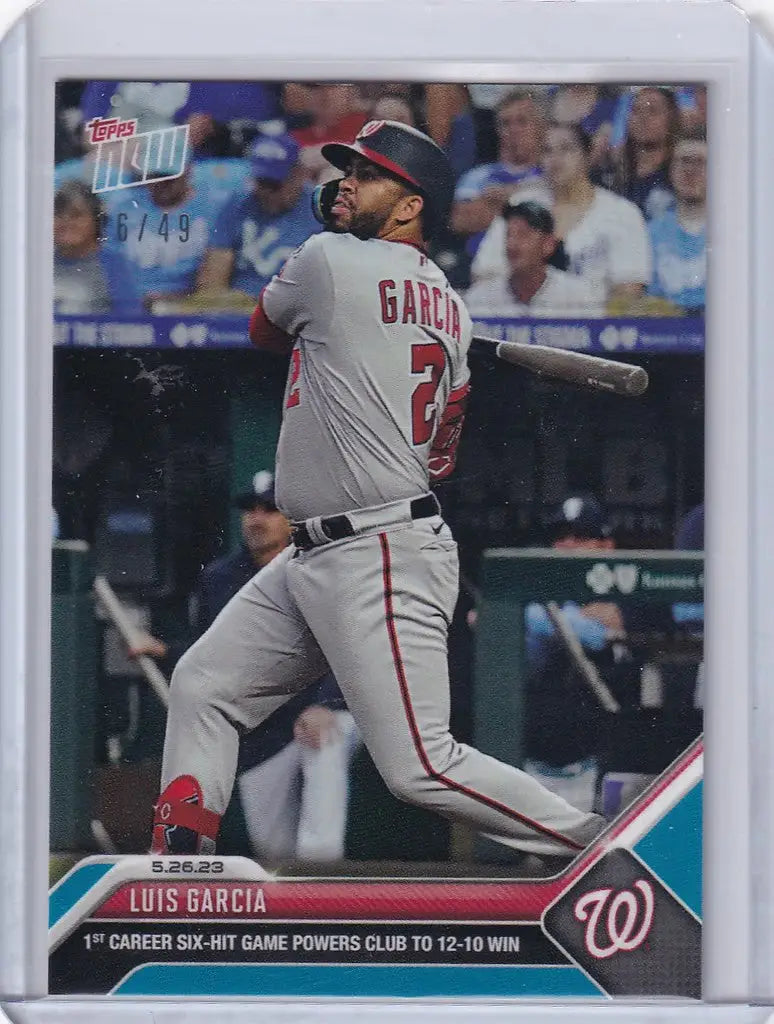 Baseball card of Luis Garcia swinging bat for Washington Nationals 2023 TOPPS NOW Parallel