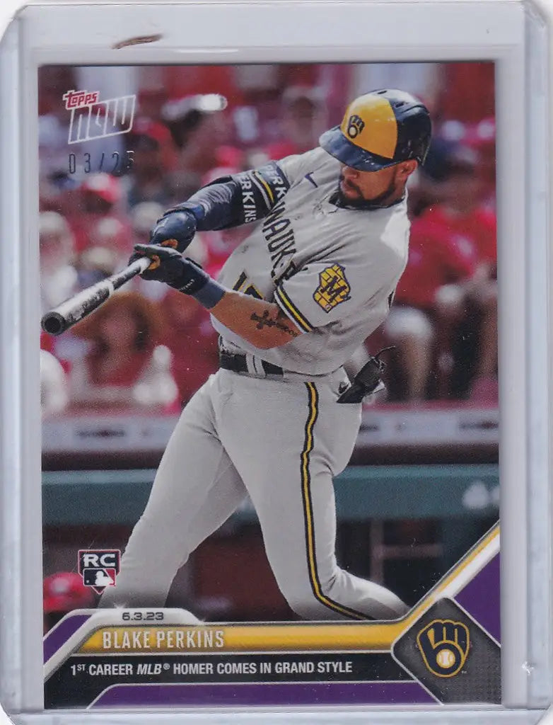 Baseball card of Blake Perkins Milwaukee Brewers swinging bat from 2023 Topps Now Parallel