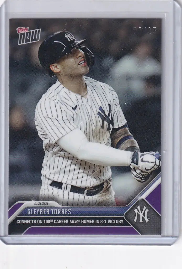 Baseball card of Gleyber Torres in batting stance for New York Yankees trading cards