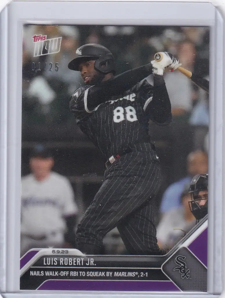 Baseball card of Luis Robert Jr in black pinstripes for Chicago White Sox