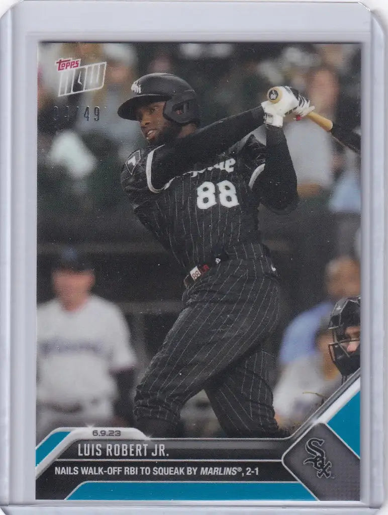 Baseball card of Luis Robert Jr in black pinstriped uniform for Chicago White Sox