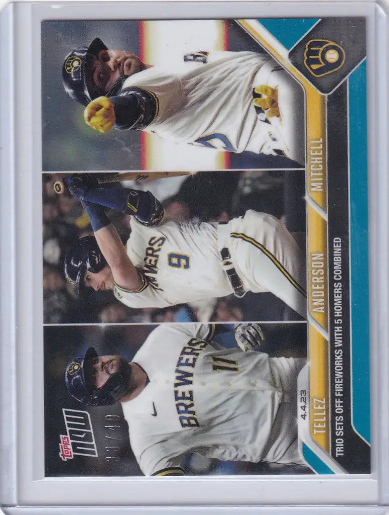 Baseball trading card with action shots of Tellez, Anderson, and Mitchell Milwaukee Brewers