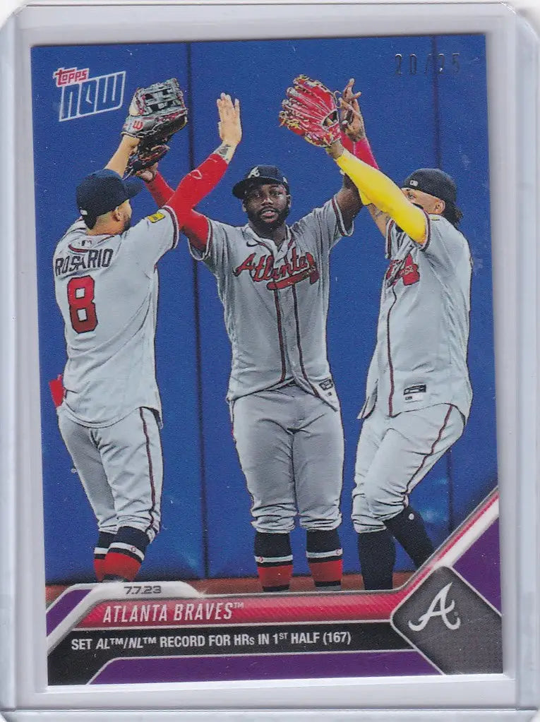 Baseball card of Atlanta Braves players celebrating in 1st half, Topps trading cards