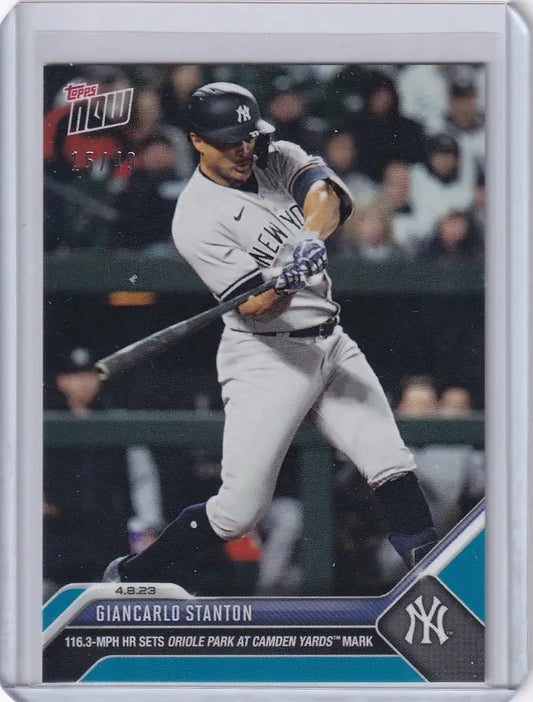 Baseball card of Giancarlo Stanton swinging bat for New York Yankees trading cards