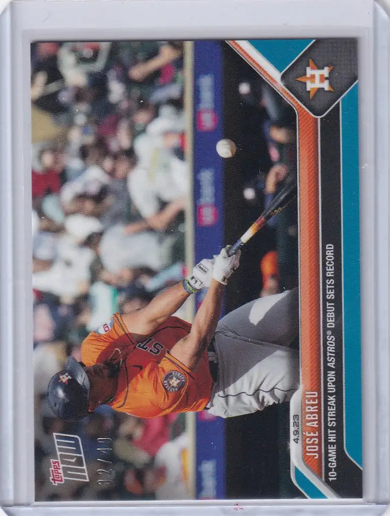 Baseball card of Jose Abreu Houston Astros player hitting ball, 2023 TOPPS NOW Parallel