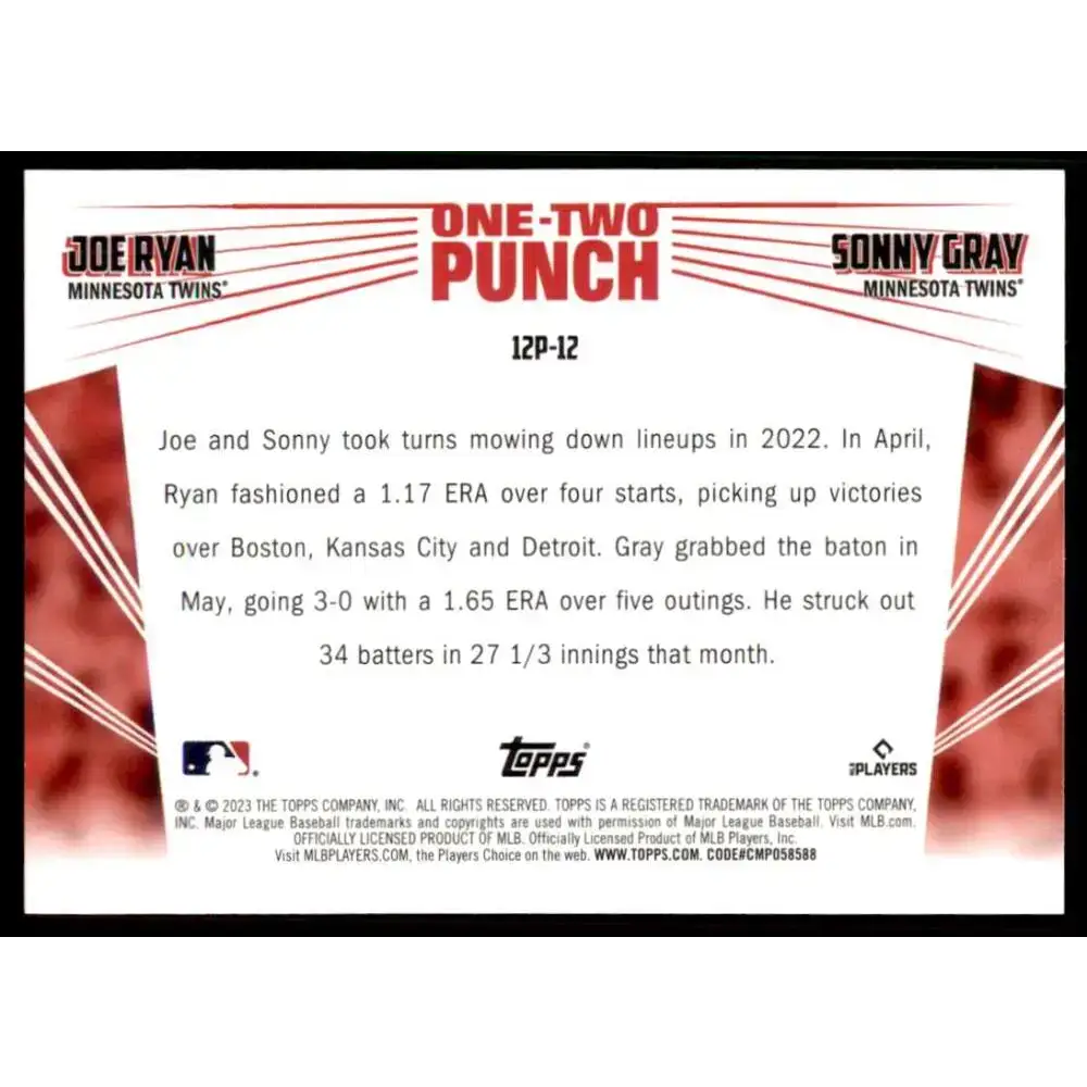 2023 Topps One-Two Punch #12P-12 Joe Ryan/Sonny Gray NM-MT Minnesota Twins Baseball Card - Baseball Card Single