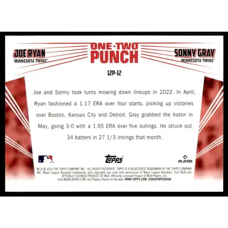 2023 Topps One-Two Punch #12P-12 Joe Ryan/Sonny Gray NM-MT Minnesota Twins Baseball Card - Baseball Card Single