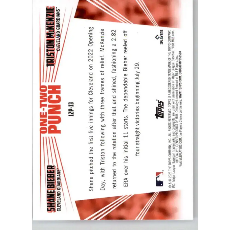 2023 Topps One-Two Punch #12P-13 Shane Bieber/Triston McKenzie NM-MT Cleveland Guardians Baseball Card - Baseball Card