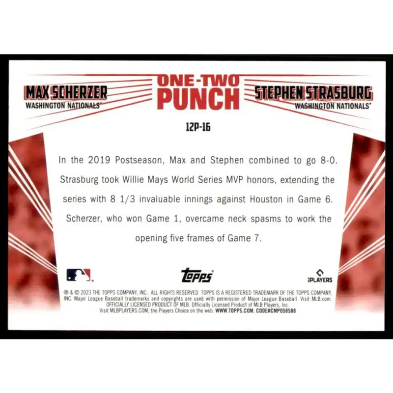 2023 Topps One-Two Punch #12P-16 Stephen Strasburg/Max Scherzer NM-MT Washington Nationals Baseball Card - Baseball