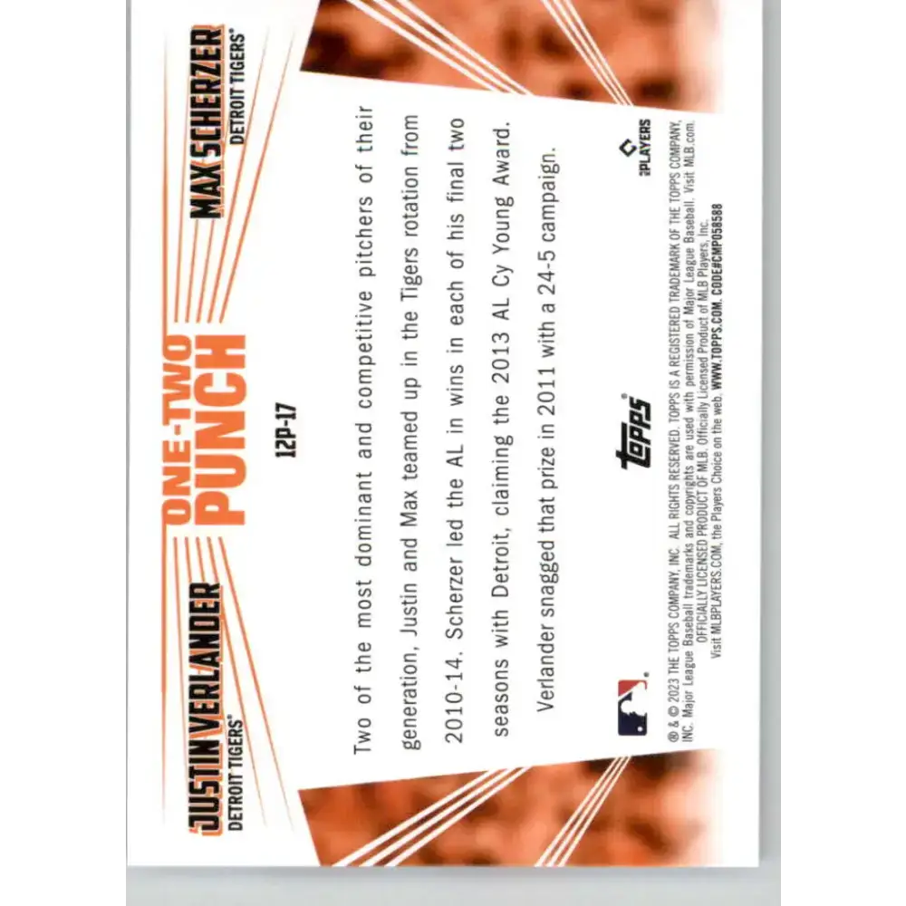 2023 Topps One-Two Punch #12P-17 Justin Verlander/Max Scherzer NM-MT Detroit Tigers Baseball Card - Baseball Card Single