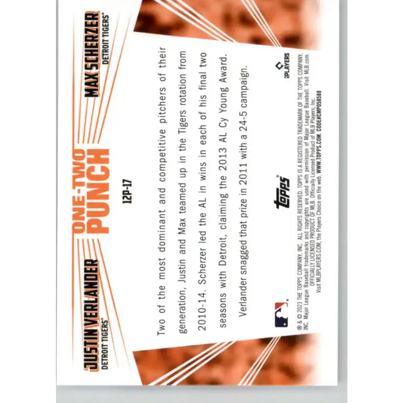 2023 Topps One-Two Punch #12P-17 Justin Verlander/Max Scherzer NM-MT Detroit Tigers Baseball Card - Baseball Card Single