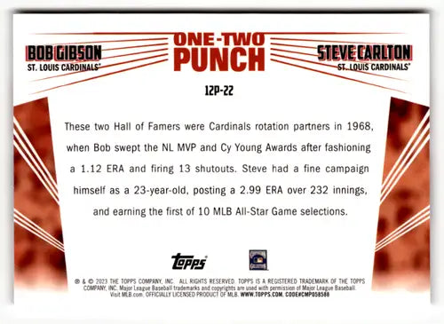 Baseball card back showing original gloss of Bob Gibson and Steve Carlton 2023 Topps product