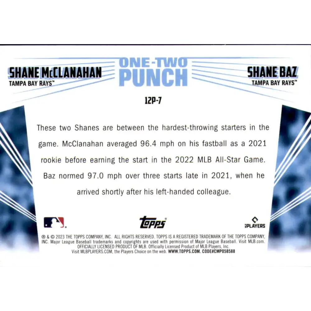 2023 Topps One-Two Punch #12P-7 Shane McClanahan/Shane Baz NM-MT Tampa Bay Rays Baseball Card - Baseball Card Single