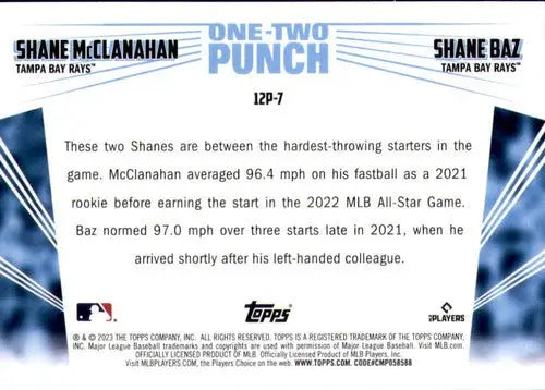 Baseball card back featuring Shane McClanahan and Shane Baz with original gloss in 2023 Topps