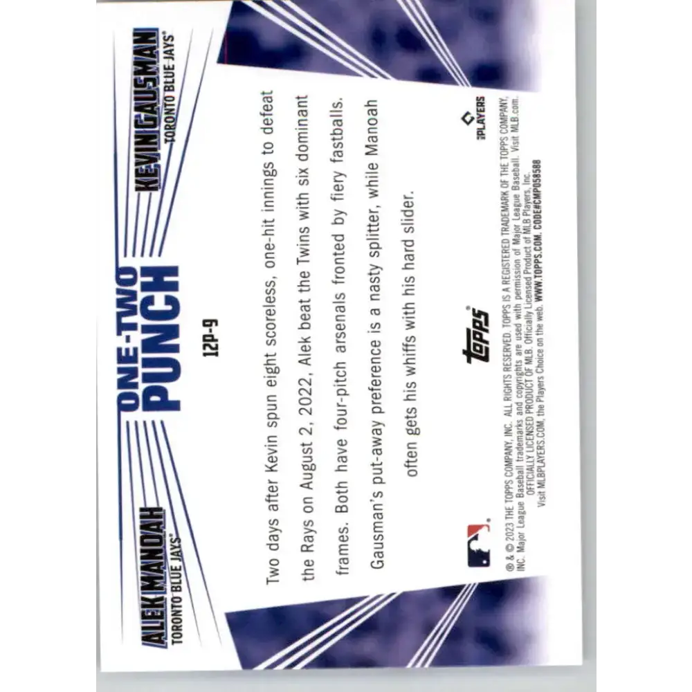 2023 Topps One-Two Punch #12P-9 Kevin Gausman/Alek Manoah NM-MT Toronto Blue Jays Baseball Card - Baseball Card Single