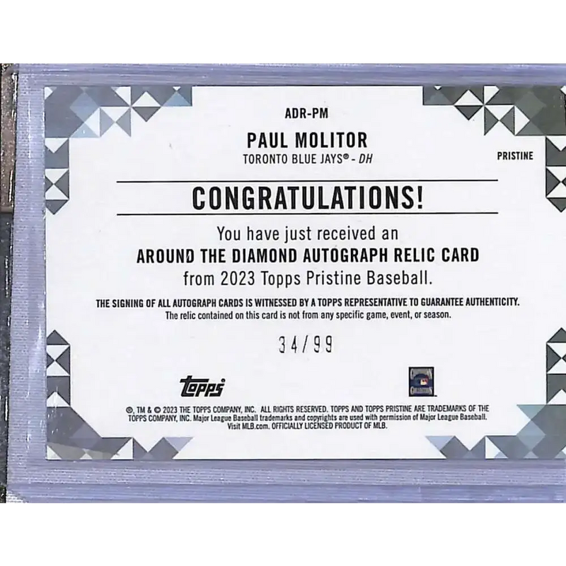 2023 Topps Pristine #ADR-PM Paul Molitor Around The Diamond Autograph Relic Pristine Refractor #/99 Baseball Card