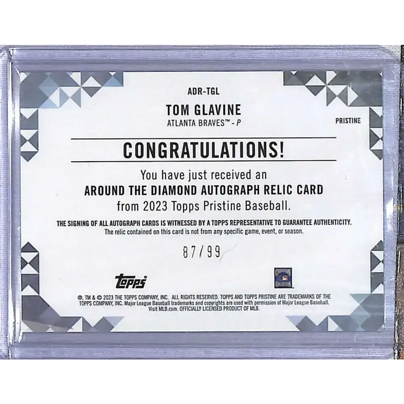 2023 Topps Pristine #ADR-TGL Tom Glavine Around The Diamond Autograph Relic Pristine Refractor #/99 Baseball Card