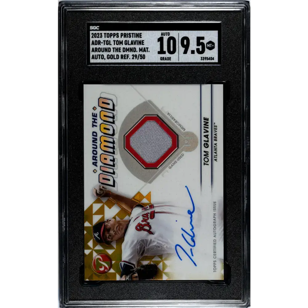 2023 Topps Pristine Around The Diamond Relic Refractor Gold #ADR-TGL Tom Glavine SGC 9.5 MINT+ MEM Auto 29/50 Atlanta