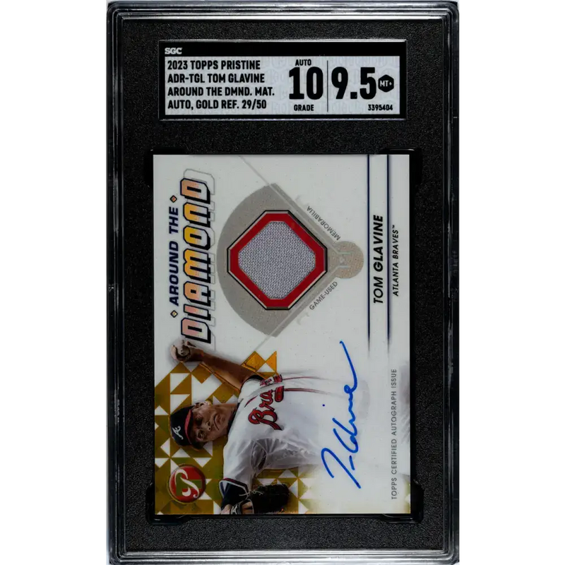 2023 Topps Pristine Around The Diamond Relic Refractor Gold #ADR-TGL Tom Glavine SGC 9.5 MINT+ MEM Auto 29/50 Atlanta