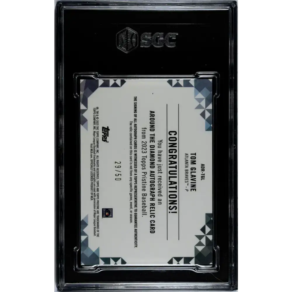 2023 Topps Pristine Around The Diamond Relic Refractor Gold #ADR-TGL Tom Glavine SGC 9.5 MINT+ MEM Auto 29/50 Atlanta