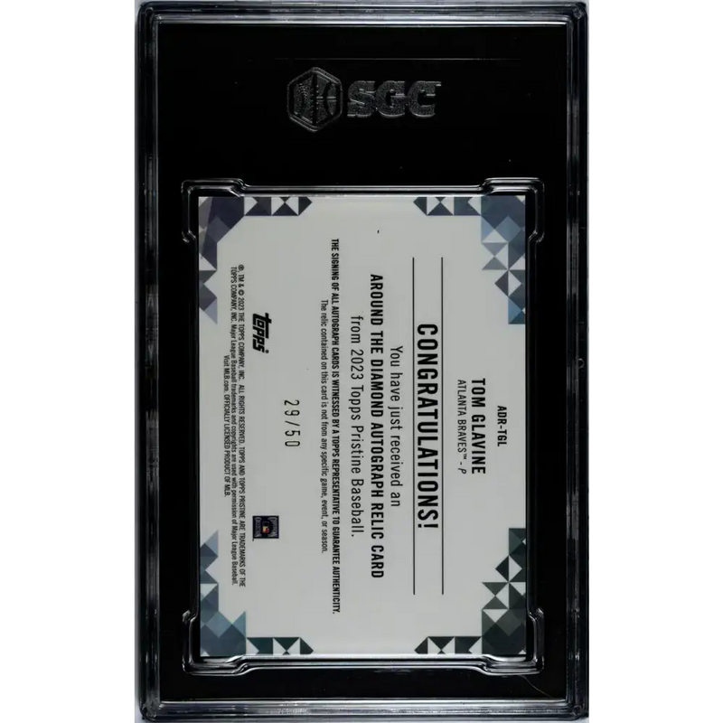 2023 Topps Pristine Around The Diamond Relic Refractor Gold #ADR-TGL Tom Glavine SGC 9.5 MINT+ MEM Auto 29/50 Atlanta
