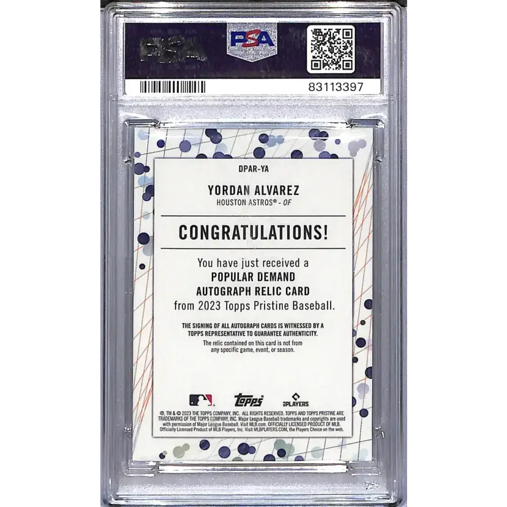 2023 Topps Pristine Popular Demand #DPAR-YA Yordan Alvarez PSA 10 GEM MINT MEM Auto Houston Astros - Baseball Card
