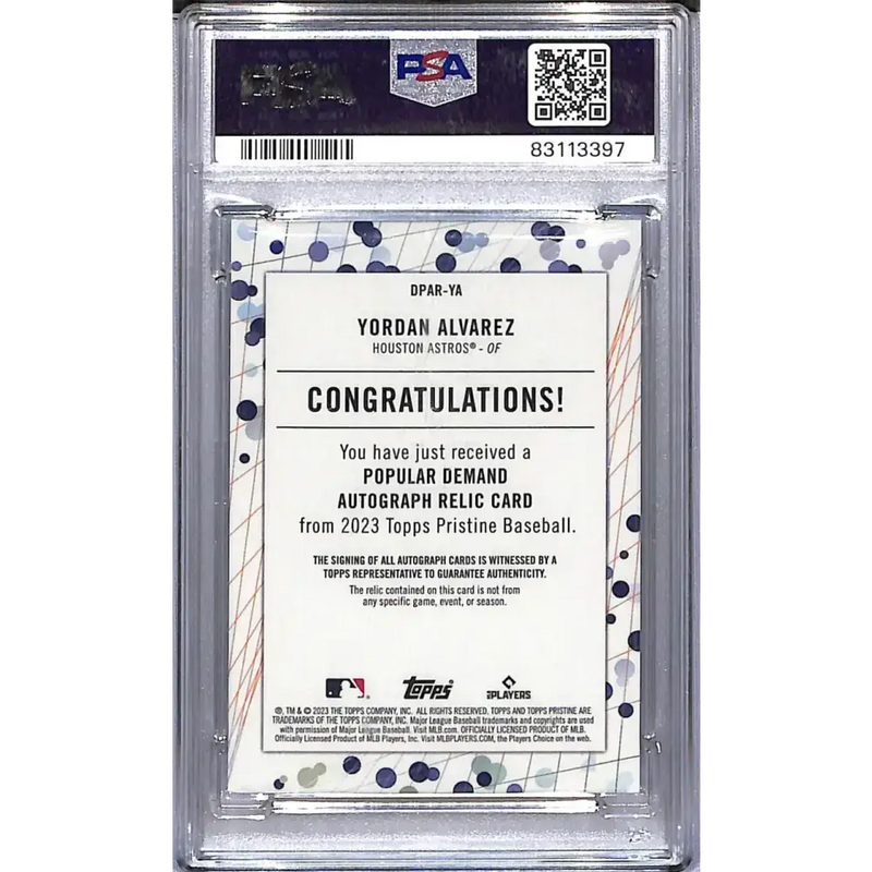 2023 Topps Pristine Popular Demand #DPAR-YA Yordan Alvarez PSA 10 GEM MINT MEM Auto Houston Astros - Baseball Card