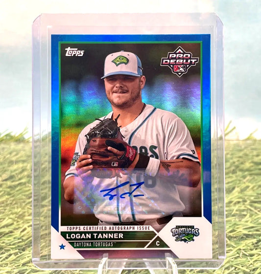 Signed Logan Tanner baseball card from 2023 Topps Pro Debut Auto Blue Foil /150