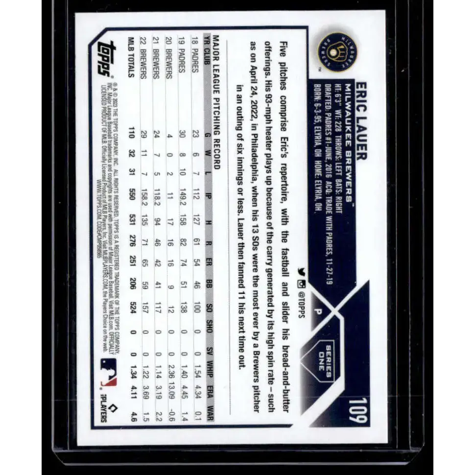 2023 Topps Rainbow Foil #109 Eric Lauer NM-MT Milwaukee Brewers Baseball Card - Baseball Card Single