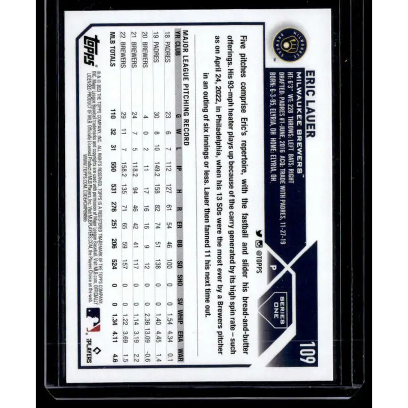 2023 Topps Rainbow Foil #109 Eric Lauer NM-MT Milwaukee Brewers Baseball Card - Baseball Card Single