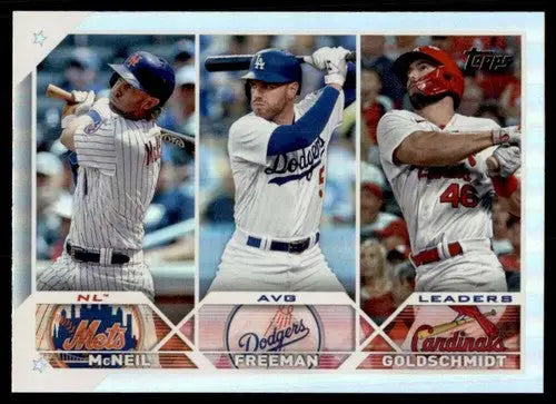 2023 Topps Rainbow Foil baseball trading card featuring Paul Goldschmidt Freddie Freeman and Jeff McNei