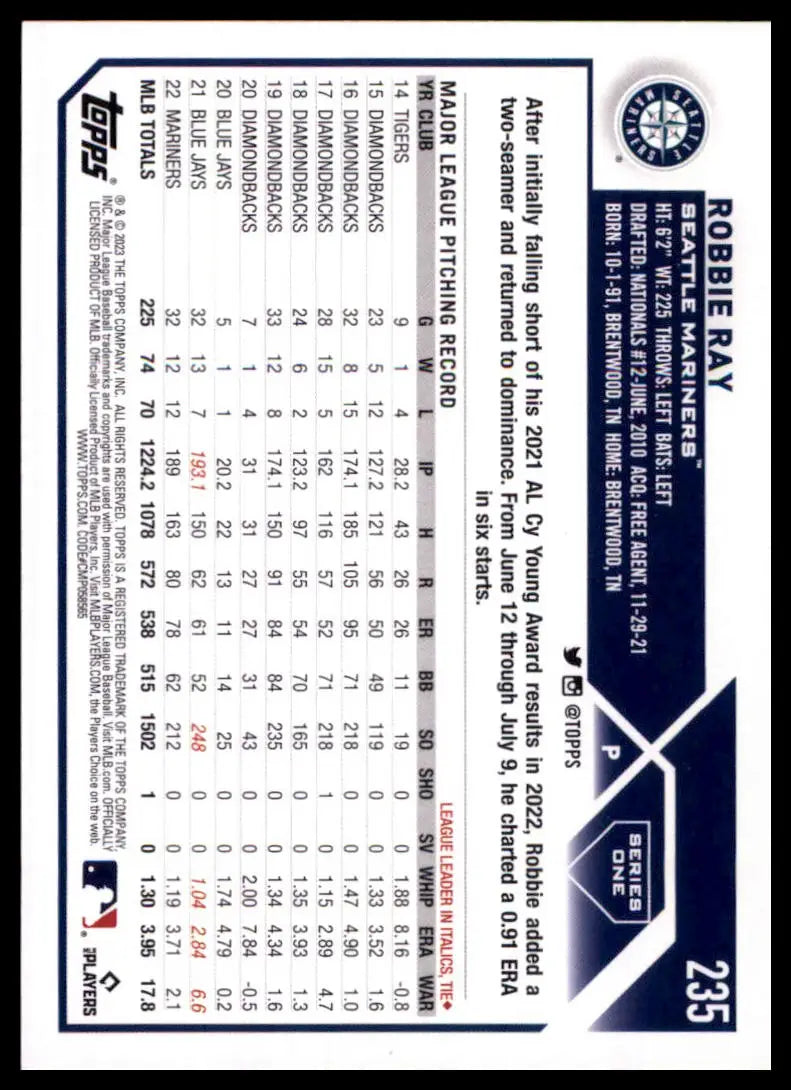 2023 Topps Robbie Ray 235 Seattle Mariners Baseball NM - Baseball Card Single