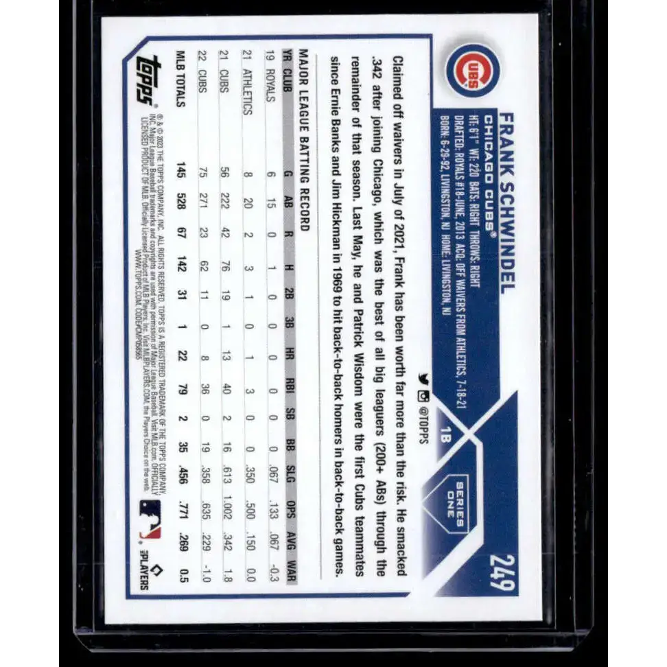 2023 Topps Royal Blue #249 Frank Schwindel NM-MT Chicago Cubs Baseball Card - Baseball Card Single