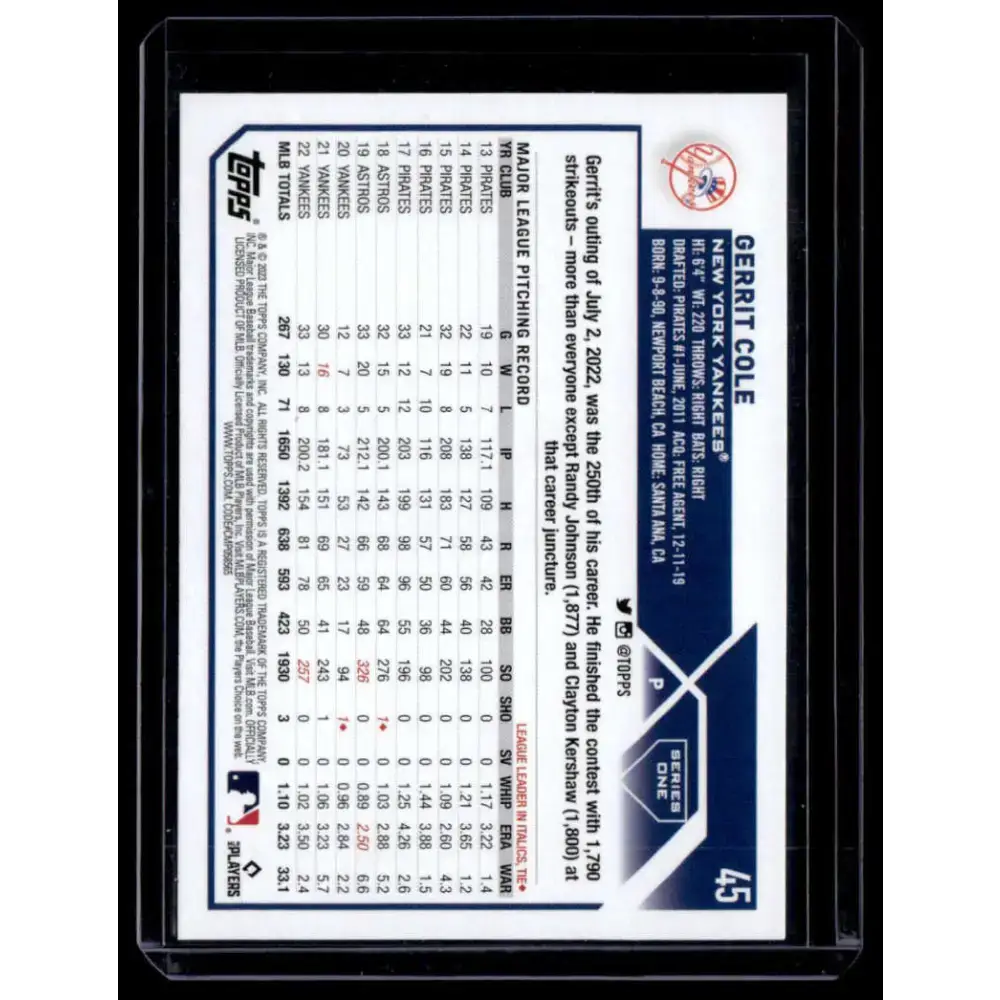 2023 Topps Royal Blue #45 Gerrit Cole NM-MT New York Yankees Baseball Card - Baseball Card Single