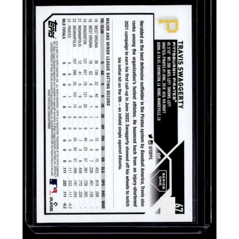 2023 Topps Royal Blue #67 Travis Swaggerty NM-MT RC Rookie Pittsburgh Pirates Baseball Card - Baseball Card Single