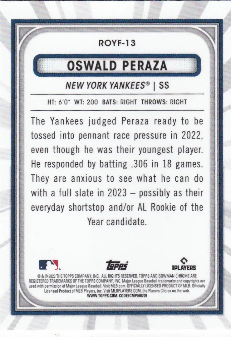 2023 TOPPS #ROYF-13 OSWALD PERAZA ROOKIE OF YEAR FAVORITES REFRACTOR- NEW YORK YANKEES - Baseball Card Single