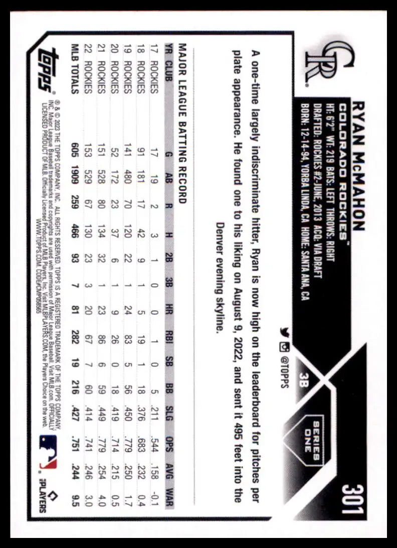 2023 Topps Ryan McMahon 301 Colorado Rockies Baseball NM - Baseball Card Single