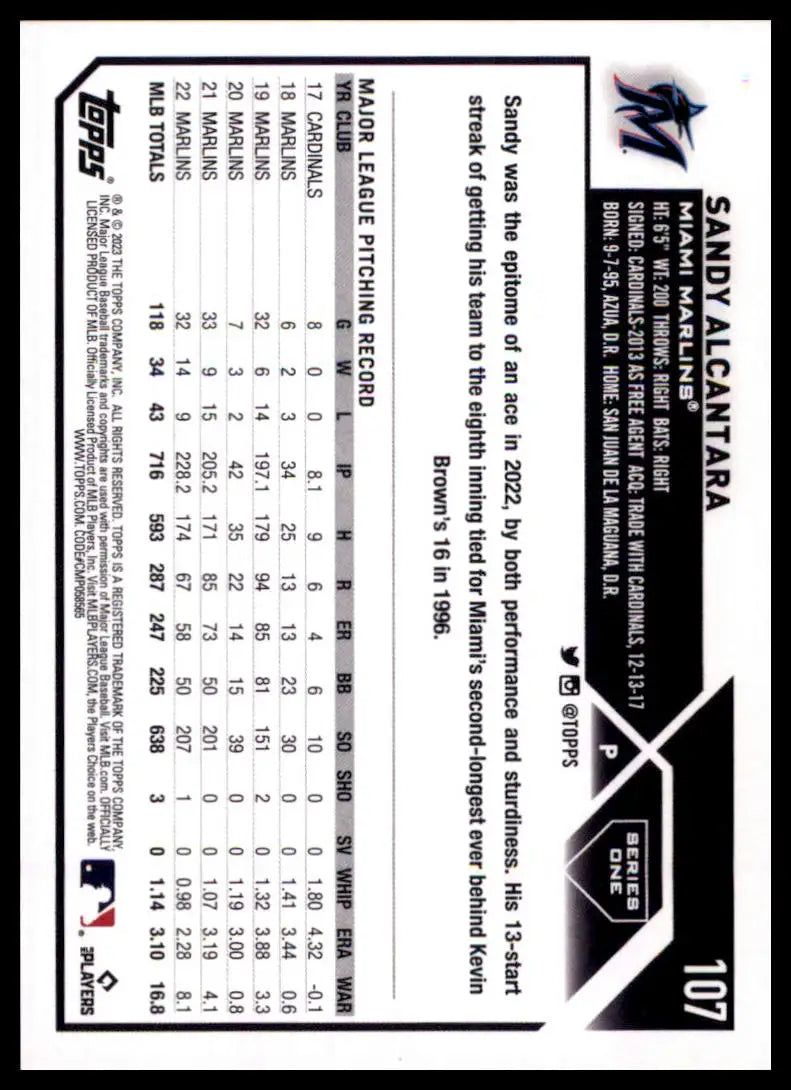 2023 Topps Sandy Alcantara 107 Miami Marlins Baseball NM - Baseball Card Single