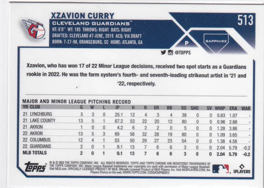 2023 TOPPS SAPPHIRE #513 XZAVION CURRY- CLEVELAND GUARDIANS - Baseball Card Single