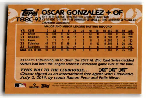 Oscar Gonzalez baseball card from 2023 Topps Series One Silver Packs Mojo Refractor