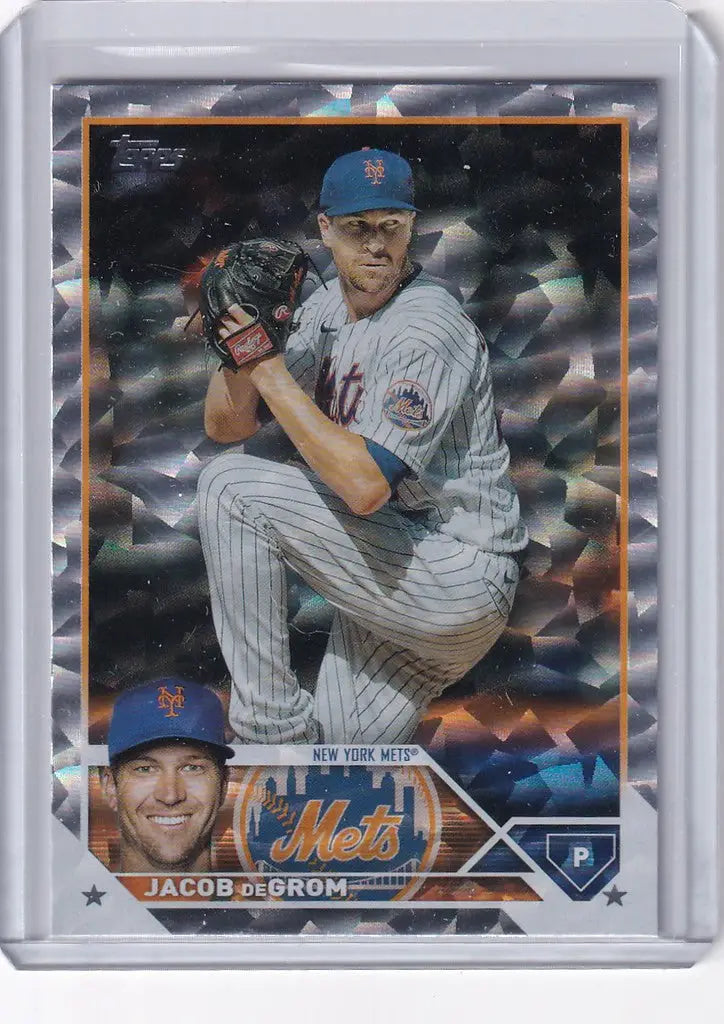 Baseball trading card of Jacob deGrom in mid-throw for Topps Silver New York Mets