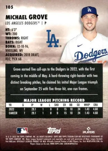 2023 Topps Stadium Club #105 Michael Grove NM-MT RC Rookie Dodgers ID:67896 - Baseball Card Single