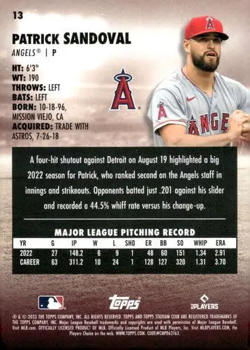 2023 Topps Stadium Club #13 Patrick Sandoval NM-MT Angels ID:67579 - Baseball Card Single