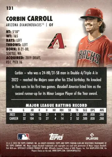 2023 Topps Stadium Club #131 Corbin Carroll NM-MT RC Rookie Diamondback ID:67898 - Baseball Card Single