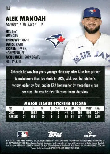 2023 Topps Stadium Club #15 Alek Manoah NM-MT Blue Jays ID:67580 - Baseball Card Single