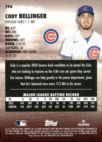2023 Topps Stadium Club #198 Cody Bellinger NM-MT Cubs ID:67906 - Baseball Card Single