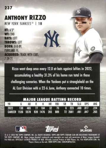 2023 Topps Stadium Club #237 Anthony Rizzo NM-MT Yankees ID:67910 - Baseball Card Single