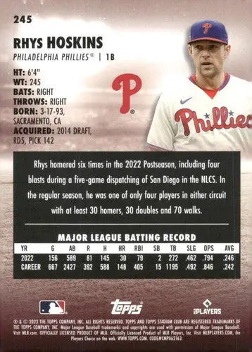 2023 Topps Stadium Club #245 Rhys Hoskins NM-MT Phillies ID:67914 - Baseball Card Single