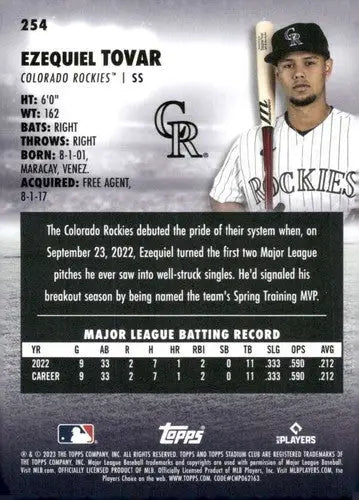 2023 Topps Stadium Club #254 Ezequiel Tovar NM-MT RC Rookie Rockies ID:67603 - Baseball Card Single